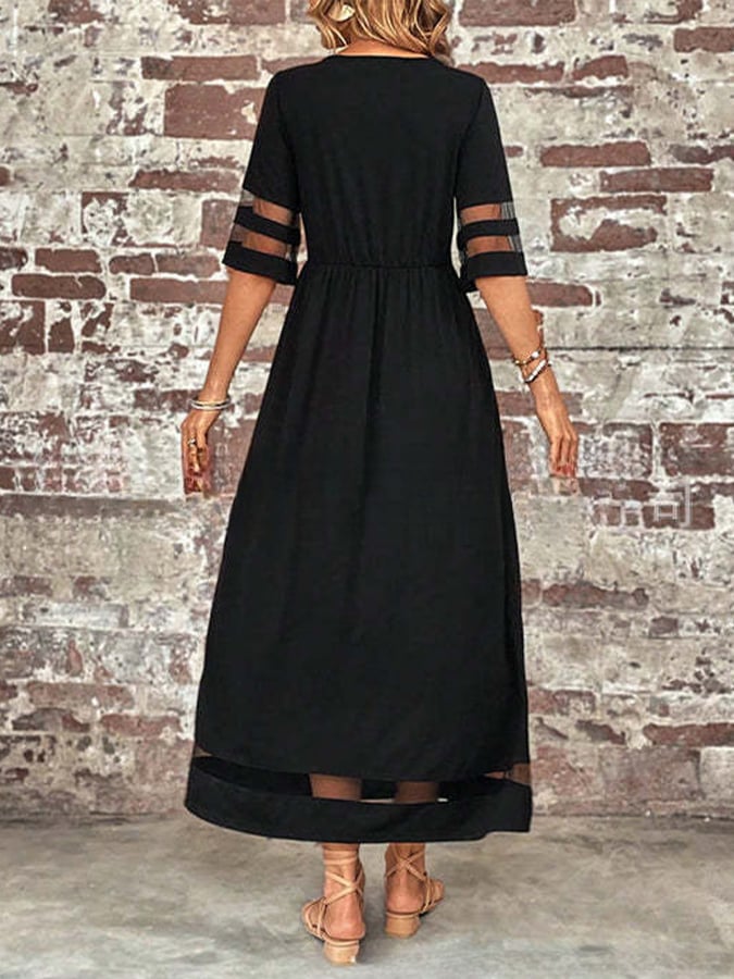 Women'S Casual Five-Quarter Sleeve Mesh Round Neck Patchwork Pocket Dress