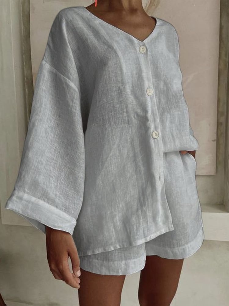 Women'S Loose V-Neck Casual Shirt Shorts Pants Set