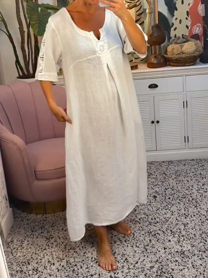 Women's Solid Color V-Neck Hollow Splicing Loose Dress