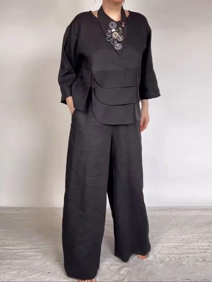 Women's Casual Solid Color Round Neck Long Sleeve Spliced Tops and Pants Two-piece Set