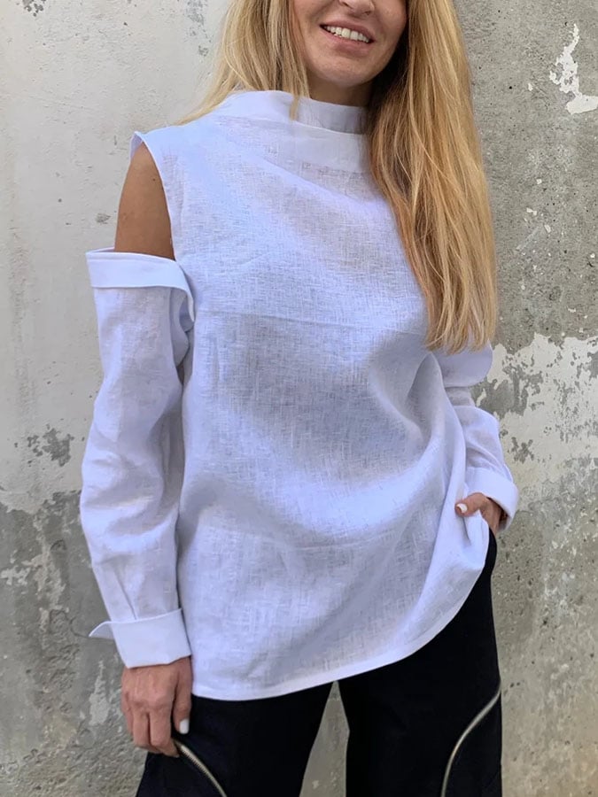 Women's Casual Solid Color Long Sleeve Irregular Hem Cotton Shirt