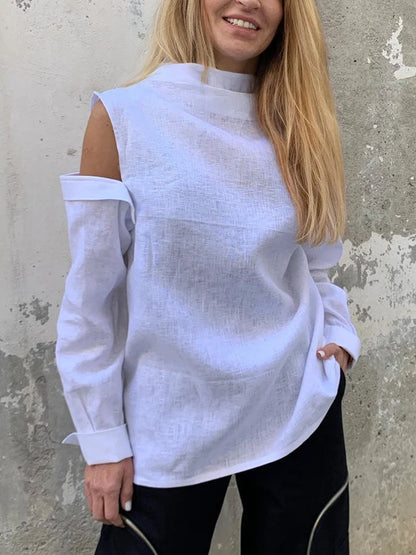 Women's Casual Solid Color Long Sleeve Irregular Hem Cotton Shirt