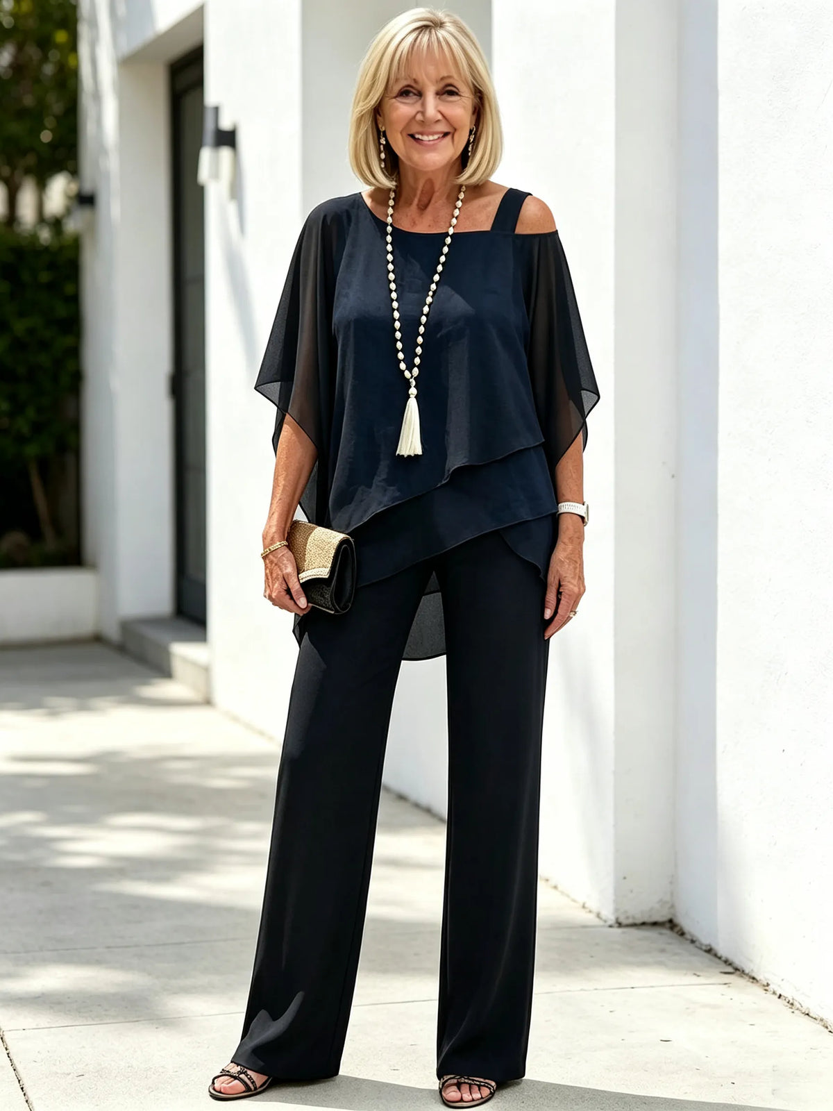 2 Piece Outfit Set, Cold Shoulder Asymmetrical Chiffon Batwing Sleeve Top, Irregular Layered Hem, High Waist Wide Leg Long Trousers, Lightweight Sheer Fabric, Elegant Flowy Pant Suit for Wedding, Banquet and Formal Events