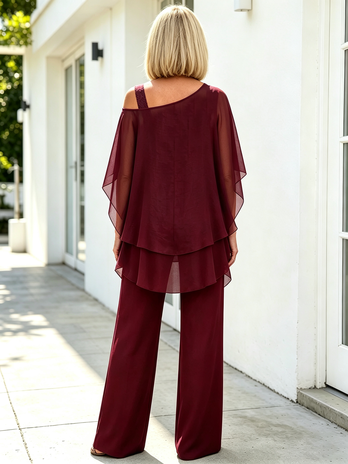 2 Piece Outfit Set, Cold Shoulder Asymmetrical Chiffon Batwing Sleeve Top, Irregular Layered Hem, High Waist Wide Leg Long Trousers, Lightweight Sheer Fabric, Elegant Flowy Pant Suit for Wedding, Banquet and Formal Events