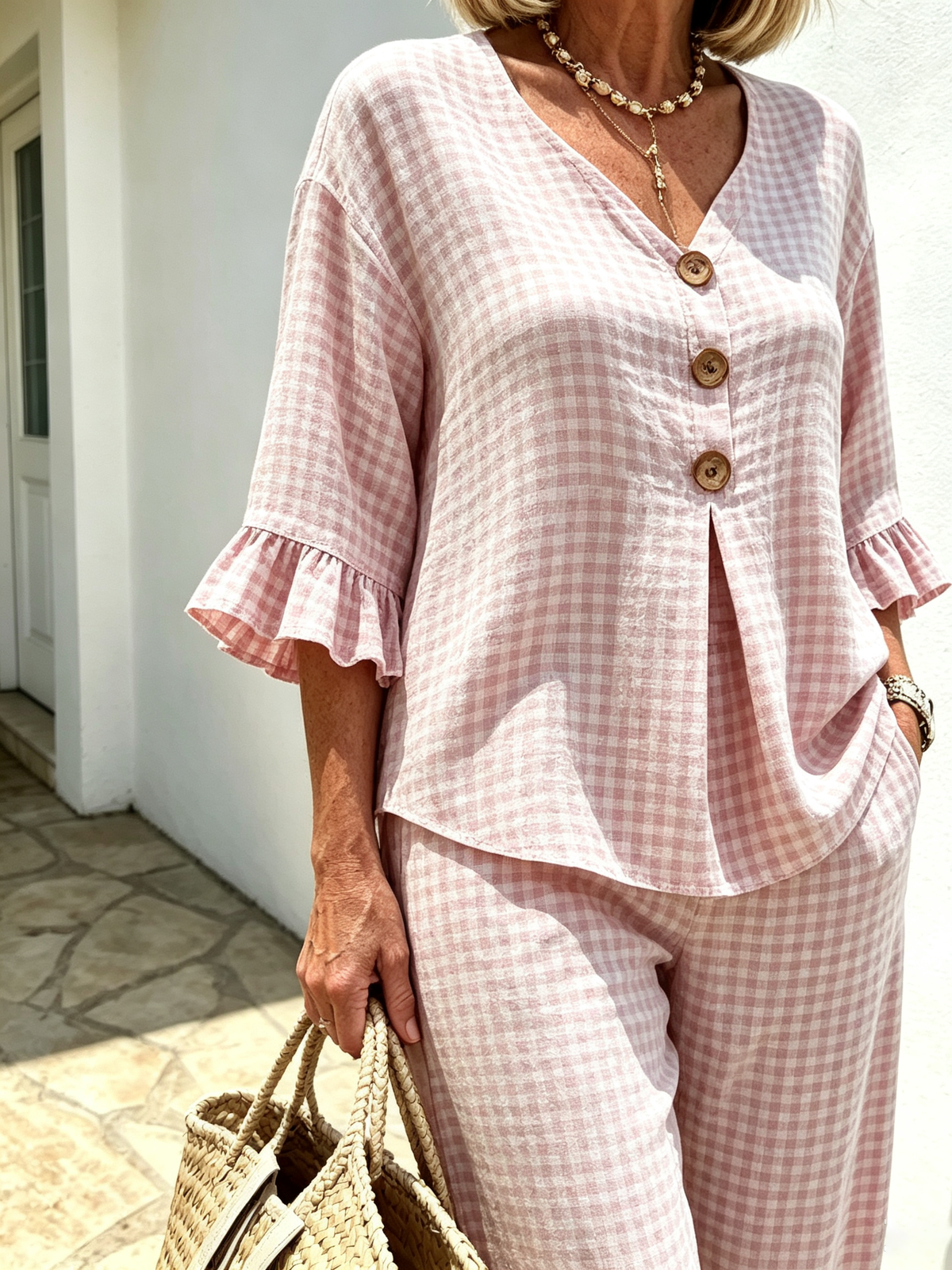 Women Elegant Linen Blend Plaid Two-Piece Casual Pant Set, Woven Textured Gingham Check Pattern Matching Outfit, Notch V-Neck Three Wooden Button Front Top With Ruffle Flared 7/4 Length Bell Flounce Sleeves, Loose High Waist Wide Leg Full Length Trousers