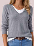 Women's V Neck Faux Two Piece Knit Sweater