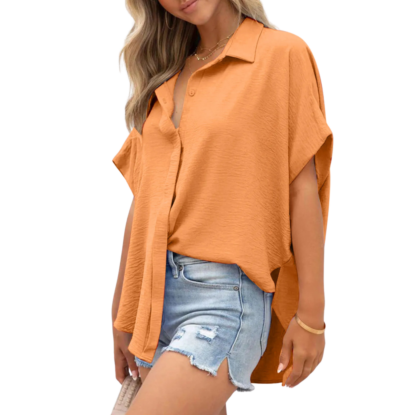 Women's Casual Button Short Sleeve Slit Hem Shirt