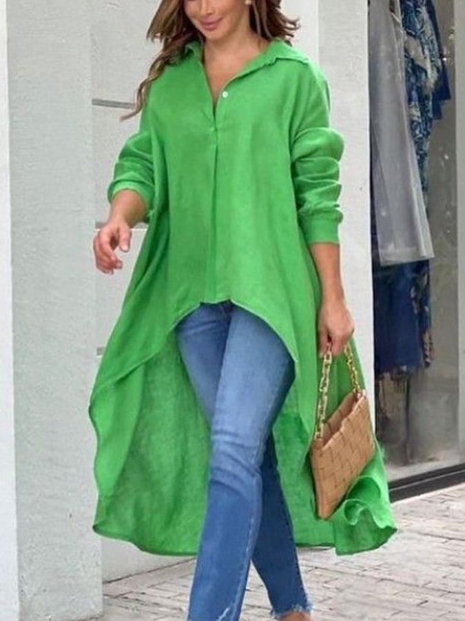 Women'S Casual Solid Color Short Front And Long Back Cotton And Linen Shirt