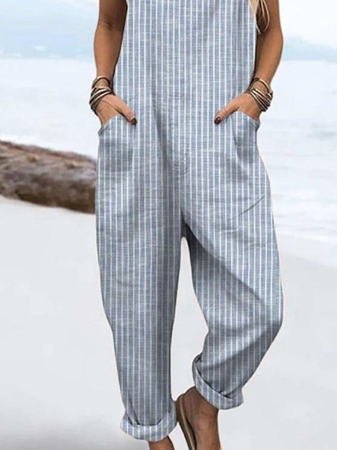 Women's Casual Striped Printed Cotton and Linen Overalls