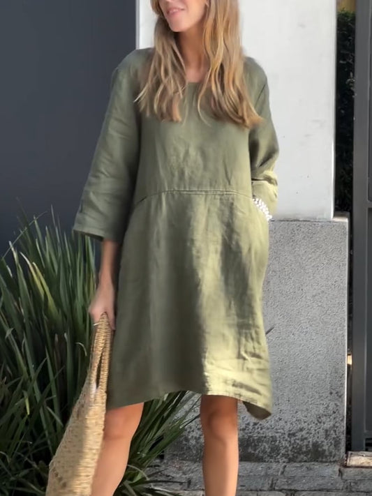 Women'S Casual Solid Color Round Neck Cotton And Linen Dress
