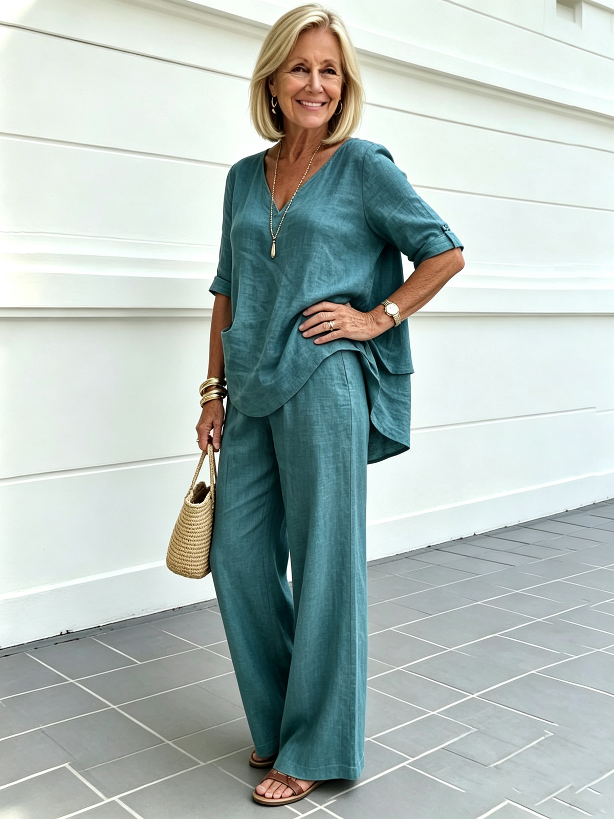 Casual Cotton and Linen Solid Color Fashion Casual Medium Sleeve V-neck Top Set