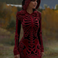 Women's Vintage Halloween Skeleton Bones With Rose Art Cozy Knit Hooded Sweater Dress