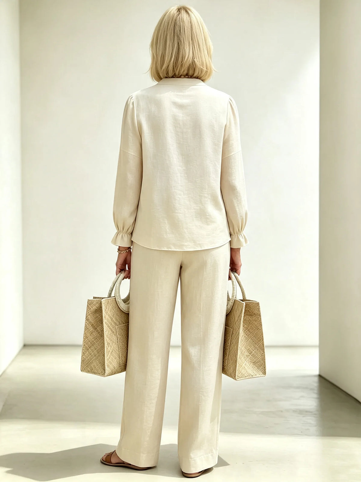 Women Solid Light Blue Two-Piece Casual Suit, Simple Mandarin Collar Half Button Front Blouse With Elastic Bubble Ruffle Cuff Long Sleeves, Matching High Waist Straight Wide Leg Long Pants, Lightweight Breathable Textured Linen Blend Temperament Commuter