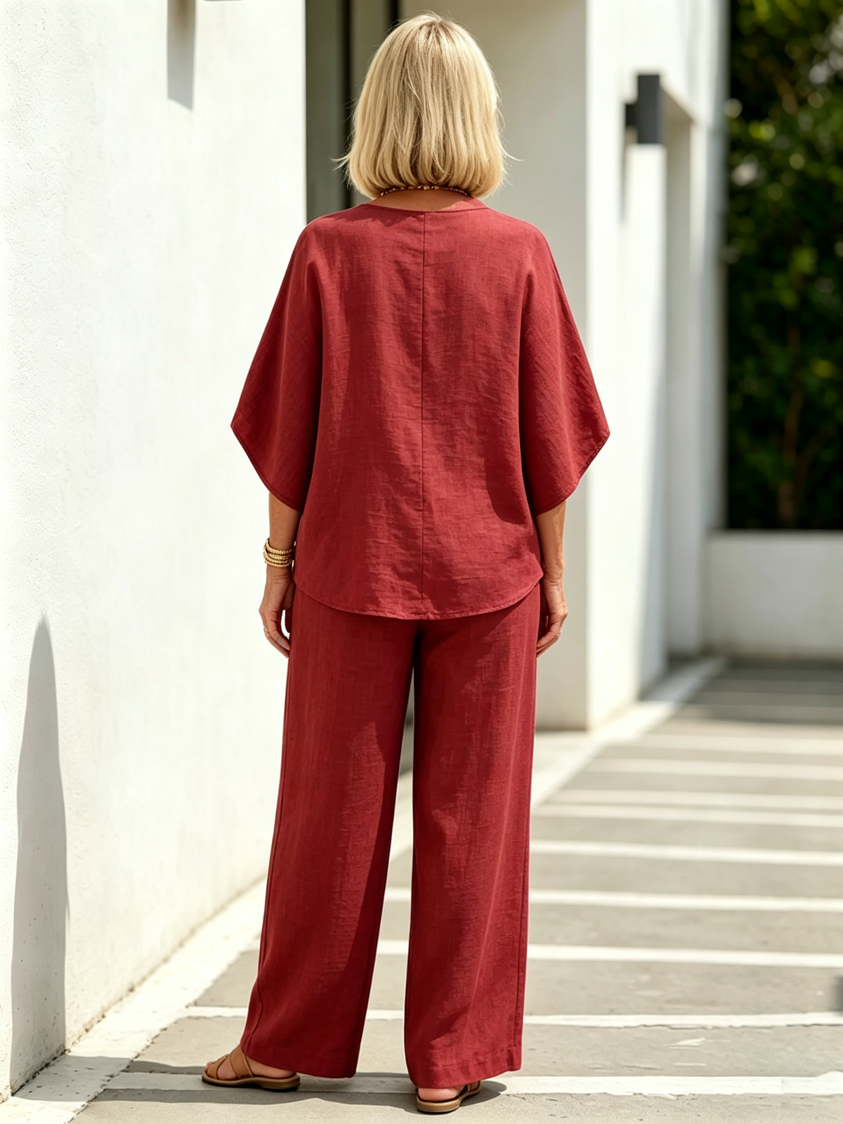 2Pcs Cotton and Linen Stand-up Collar Seven-quarter Sleeve Loose Sleeve Casual Suit