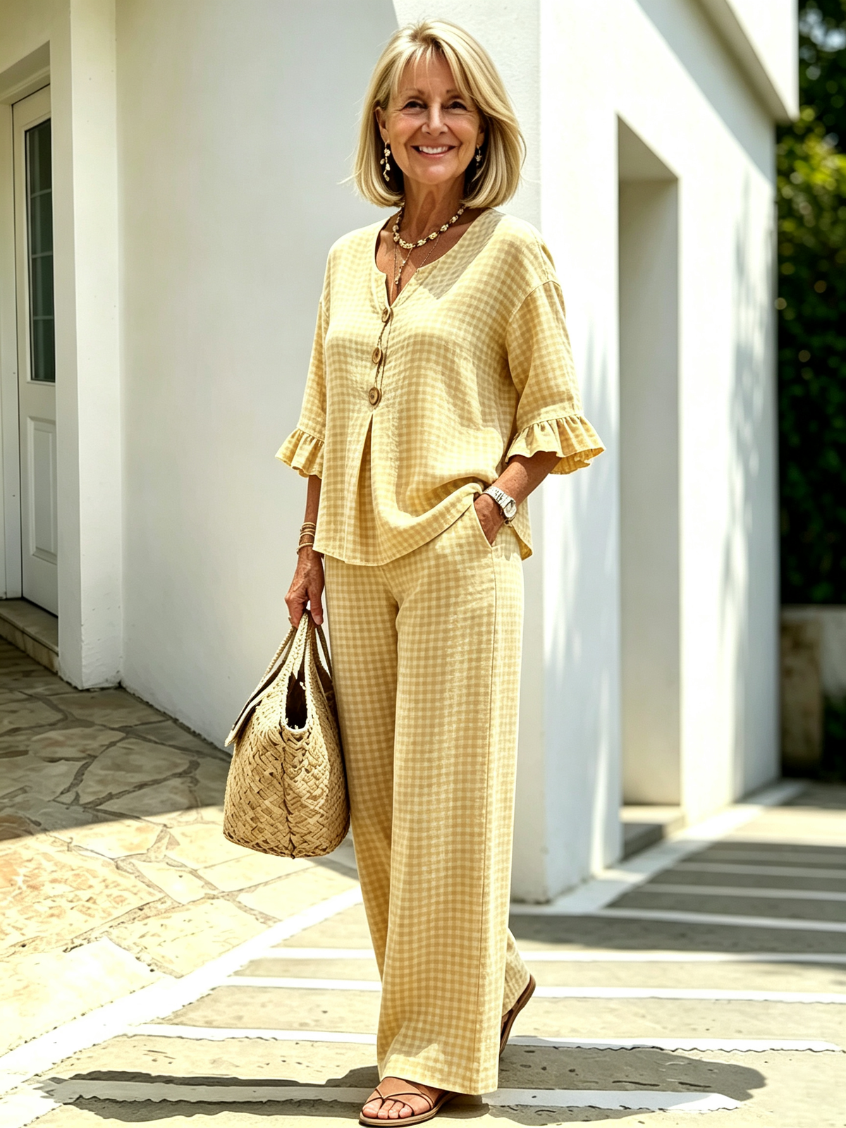 Women Elegant Linen Blend Plaid Two-Piece Casual Pant Set, Woven Textured Gingham Check Pattern Matching Outfit, Notch V-Neck Three Wooden Button Front Top With Ruffle Flared 7/4 Length Bell Flounce Sleeves, Loose High Waist Wide Leg Full Length Trousers