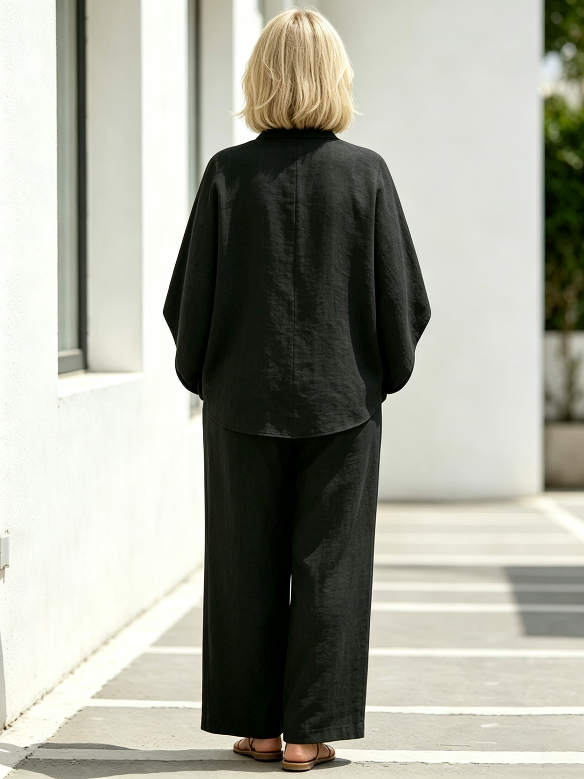 2Pcs Cotton and Linen Stand-up Collar Seven-quarter Sleeve Loose Sleeve Casual Suit