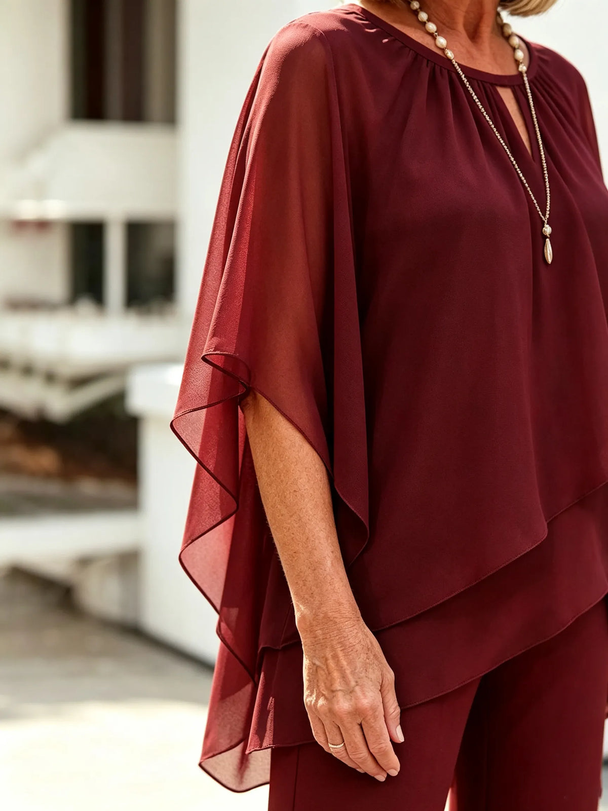 2 Piece Pant Set, Round Neck Keyhole Cutout Chiffon Cape Top, Irregular Layered Hem, Loose Flowy Batwing Sleeves, High Waist Straight Wide Leg Trousers, Lightweight Sheer Fabric, Elegant Outfit Set for Wedding Guest and Formal Occasions