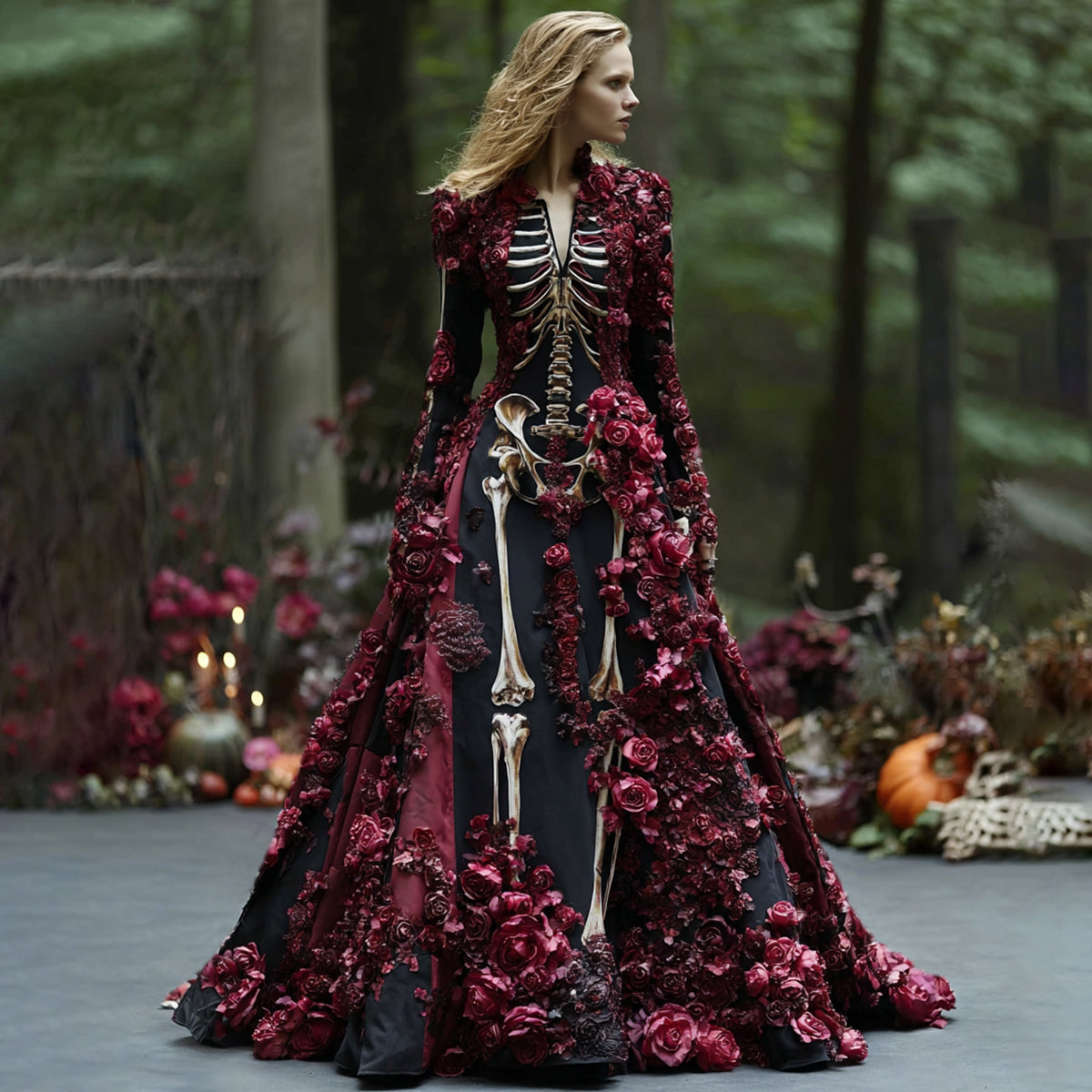 Women's Elegant Retro Skull Flower Pattern V-neck Long Sleeve Maxi Dress