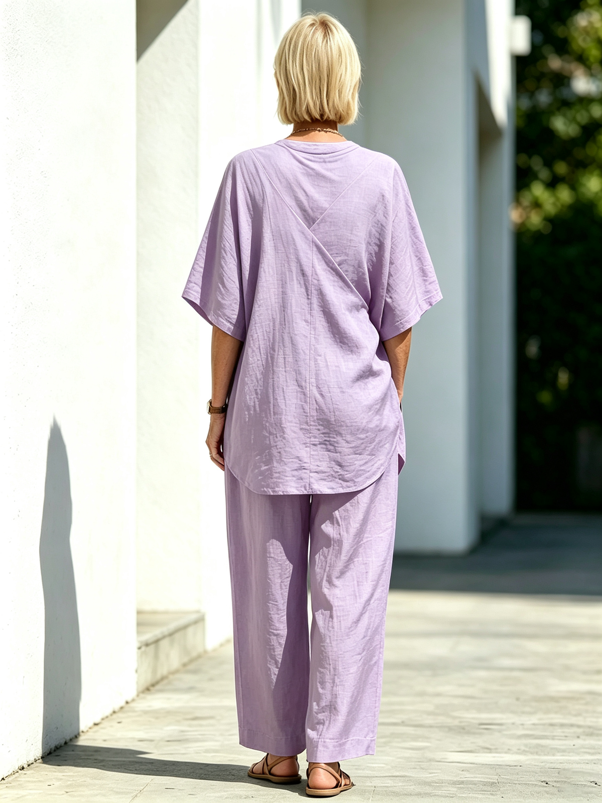 2Pcs Loose Short-sleeved Irregular Hem Top Wide-leg Pants Trousers Women's Suit