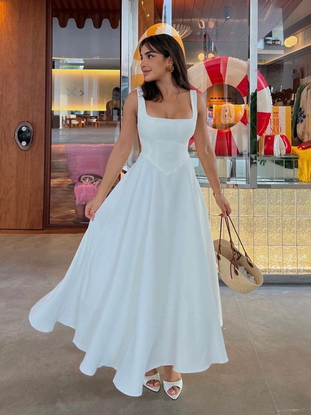 High Waist Square Neck Midi Dress