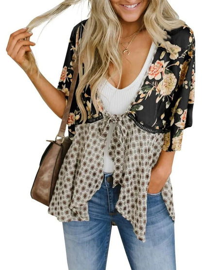 ✨Women's Floral Kimono Ruffle Sleeve Tie Cardigans Flowy Boho Loose Cover Ups