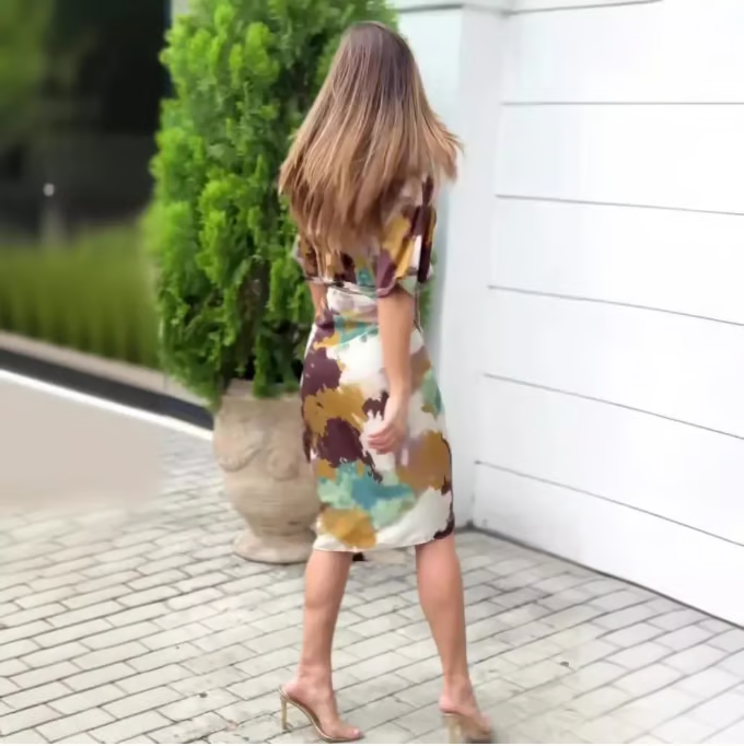 Women's Elegant Printed V-Neck Lace-Up Waist Slim Dress