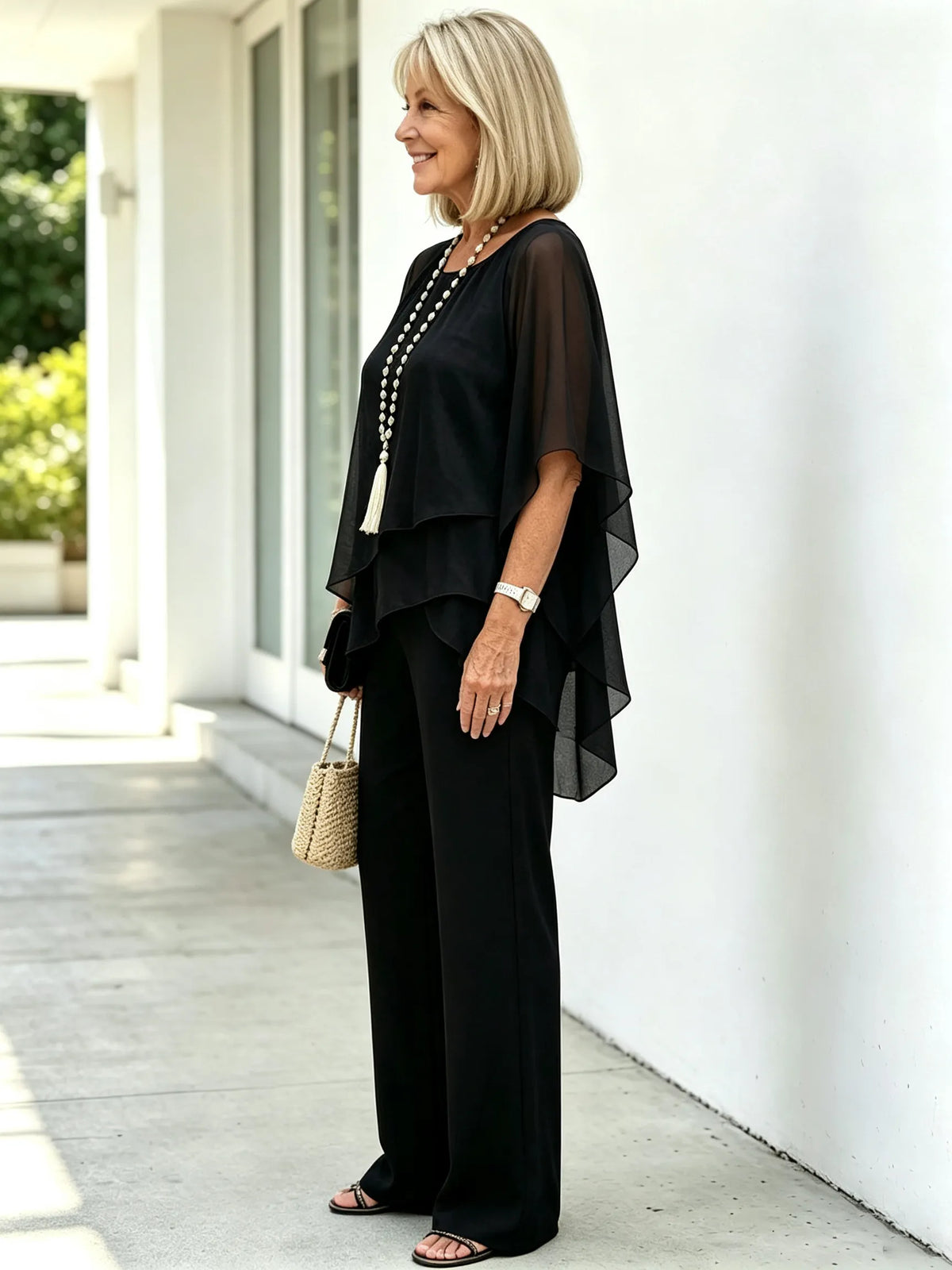 2 Piece Pant Set, Round Neck Keyhole Cutout Chiffon Cape Top, Irregular Layered Hem, Loose Flowy Batwing Sleeves, High Waist Straight Wide Leg Trousers, Lightweight Sheer Fabric, Elegant Outfit Set for Wedding Guest and Formal Occasions