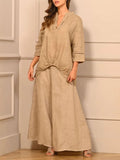 Women's Casual Solid Color Lace Splicing 7-point Sleeve V-neck Pleated T + Wide-leg Pants Set