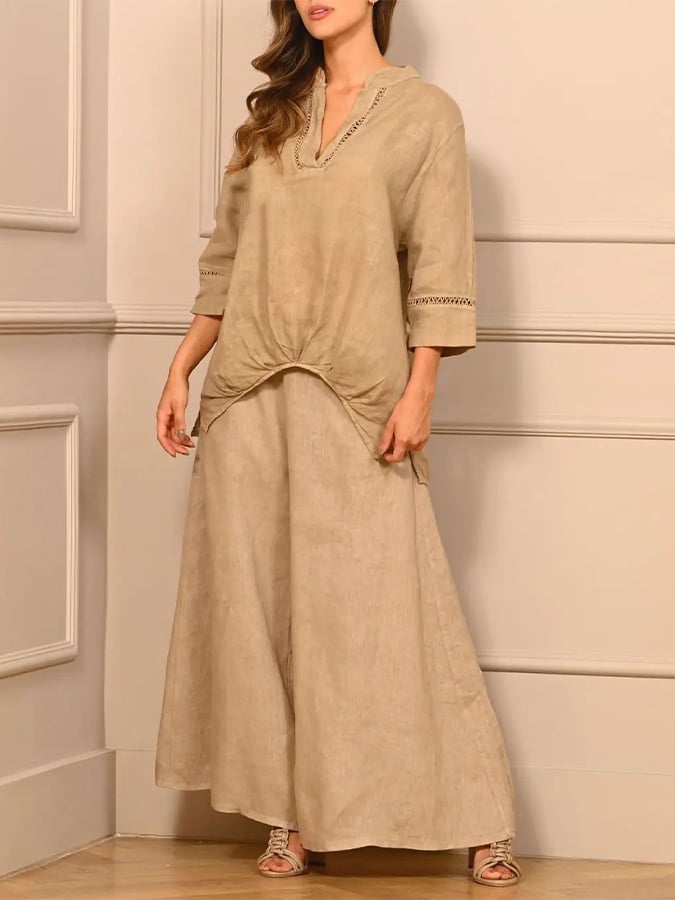 Women's Casual Solid Color Lace Splicing 7-point Sleeve V-neck Pleated T + Wide-leg Pants Set