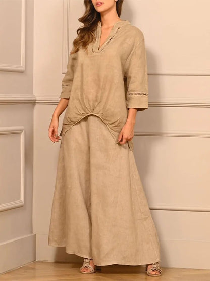 Women's Casual Solid Color Lace Splicing 7-point Sleeve V-neck Pleated T + Wide-leg Pants Set