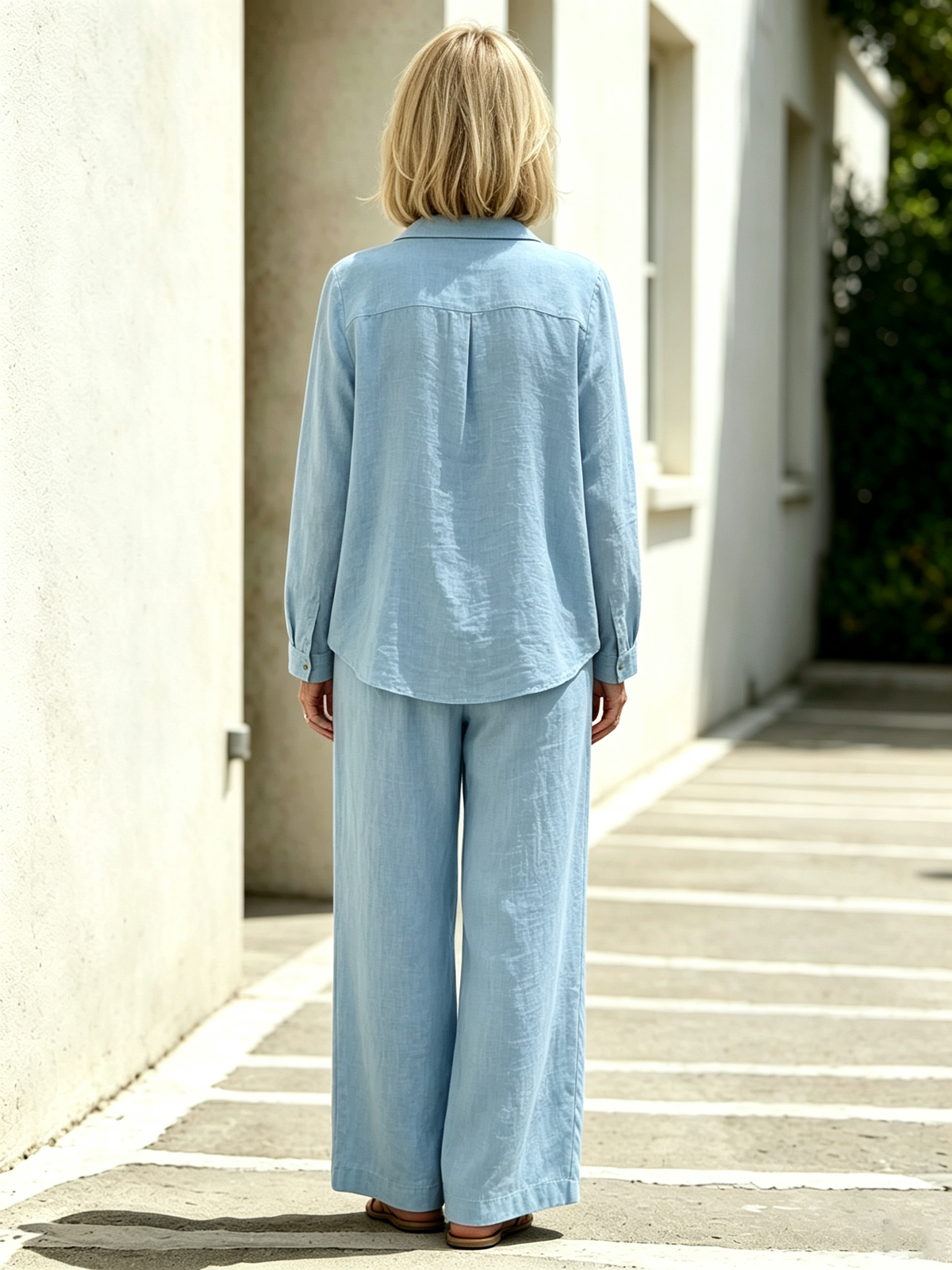 2 Piece Casual Outfit Set, Polo Collar Long Sleeve Button Front Blouse, Loose Solid Color Top, Elastic High Waist Wide Leg Trousers, Full Length Palazzo Pants, Soft Lightweight Textured Fabric, Relaxed Fit Matching Suit for Daily Wear, Vacation and Commut