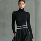 Women's Black Stitching White Trim High Collar Long Sleeve Tight Belt Maxi Dress