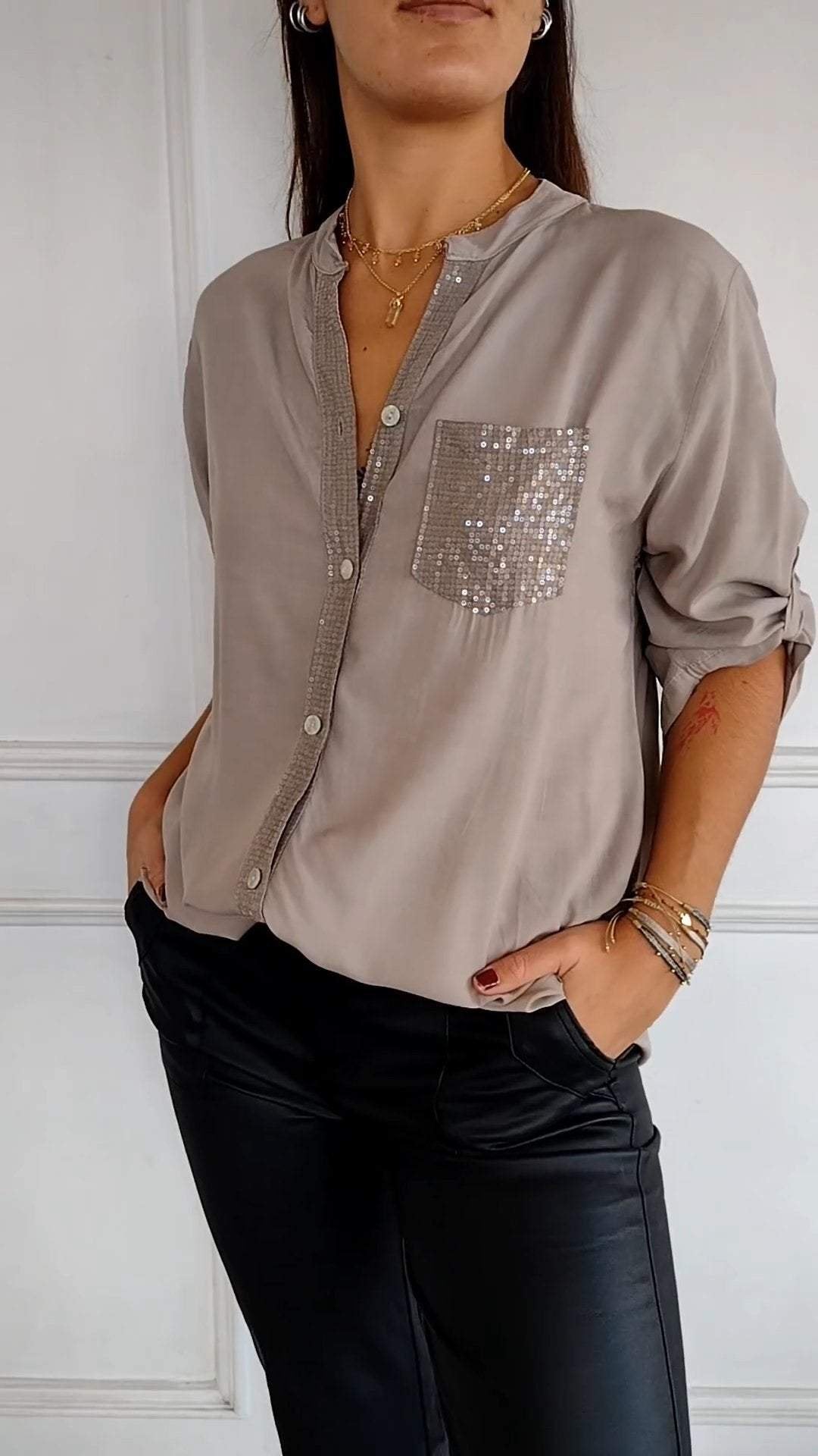 Cotton V-neck Sequin Mid-sleeve Casual Top (Buy 3 Free Shipping)