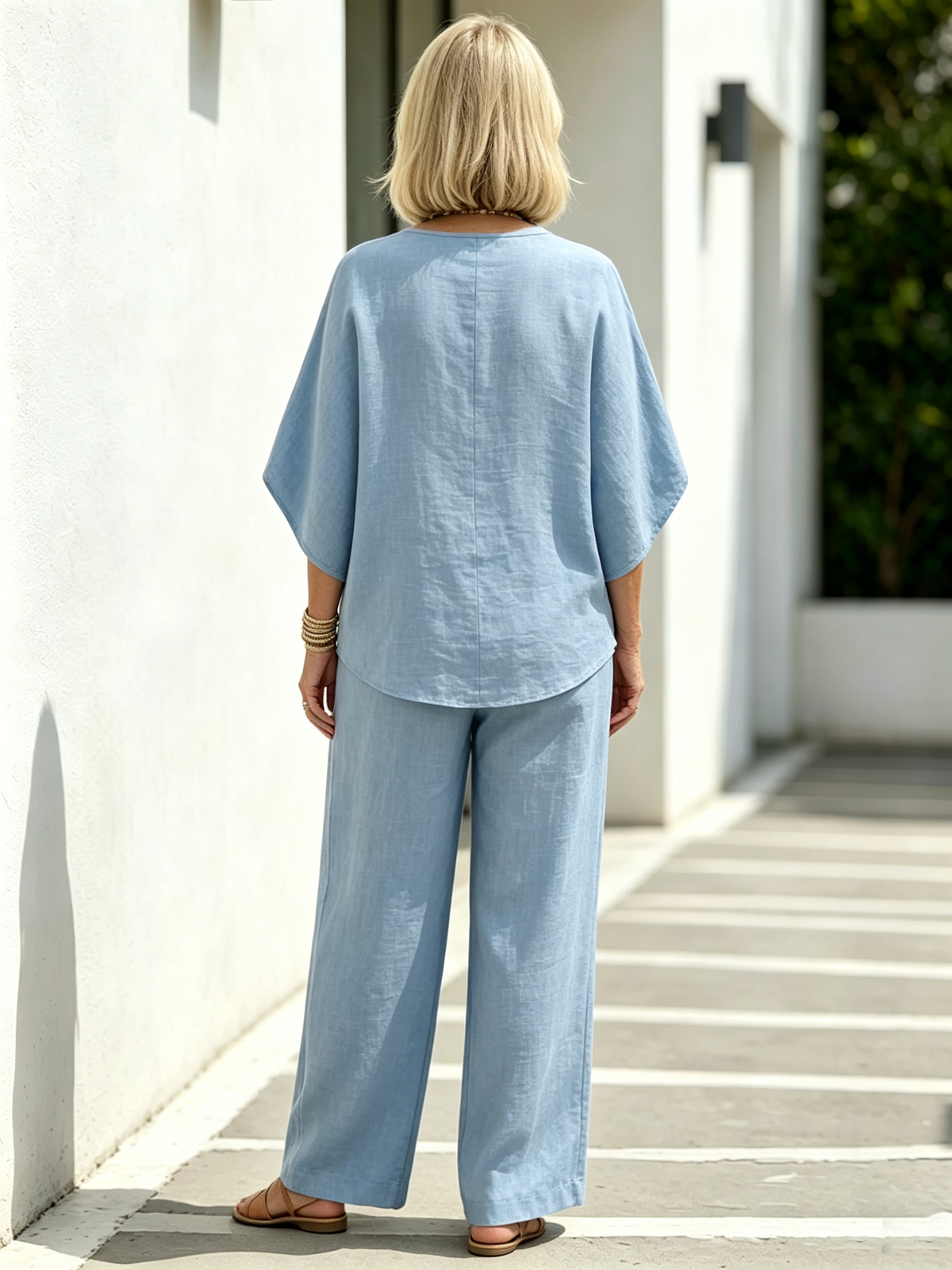 2Pcs Cotton and Linen Stand-up Collar Seven-quarter Sleeve Loose Sleeve Casual Suit