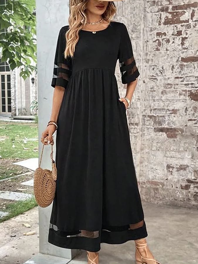 Women'S Casual Five-Quarter Sleeve Mesh Round Neck Patchwork Pocket Dress