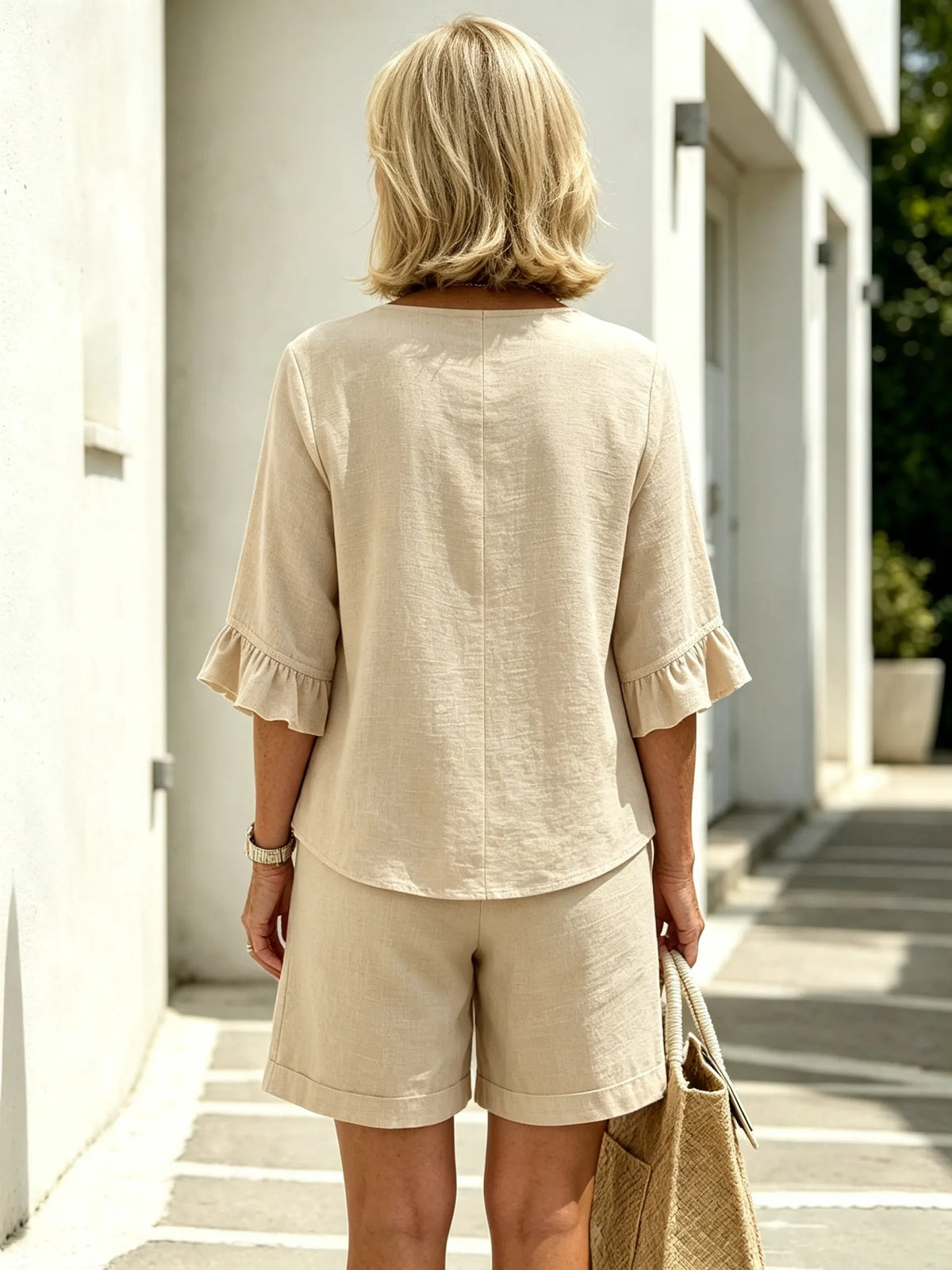 Women Solid Color Casual Shorts Two-Piece Pants Set, Woven Textured Faux Linen Matching Outfit, V-Neck Single Row Wooden Button Blouse With Ruffle Flared 5/7 Length Flutter Sleeves, Loose Relaxed Fit Elastic Waist Knee-Length Bermuda Three Point Shorts Wi