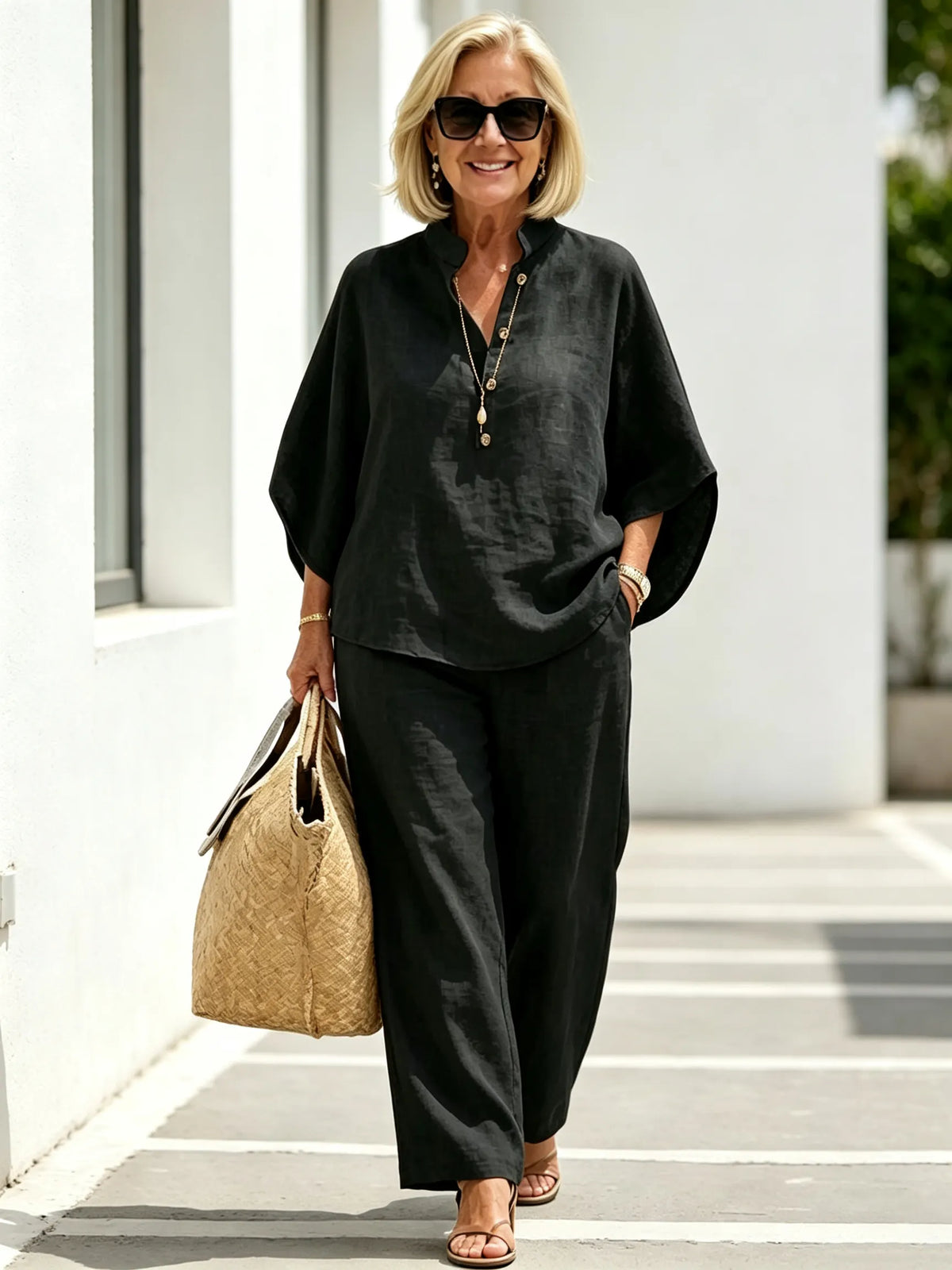 2Pcs Cotton and Linen Stand-up Collar Seven-quarter Sleeve Loose Sleeve Casual Suit