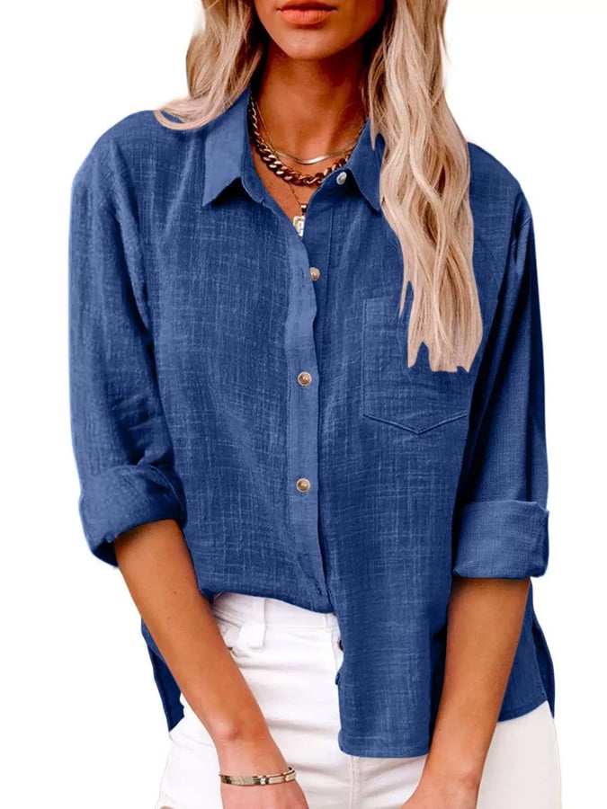 Women's Casual Solid Color Pocket Slit Cotton and Linen Long Sleeve Shirt