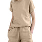 Women's Casual Solid Color Top Drawstring Cotton and Linen Shorts Set