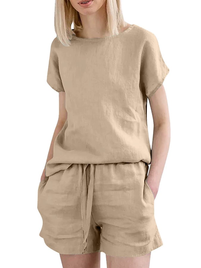 Women's Casual Solid Color Top Drawstring Cotton and Linen Shorts Set
