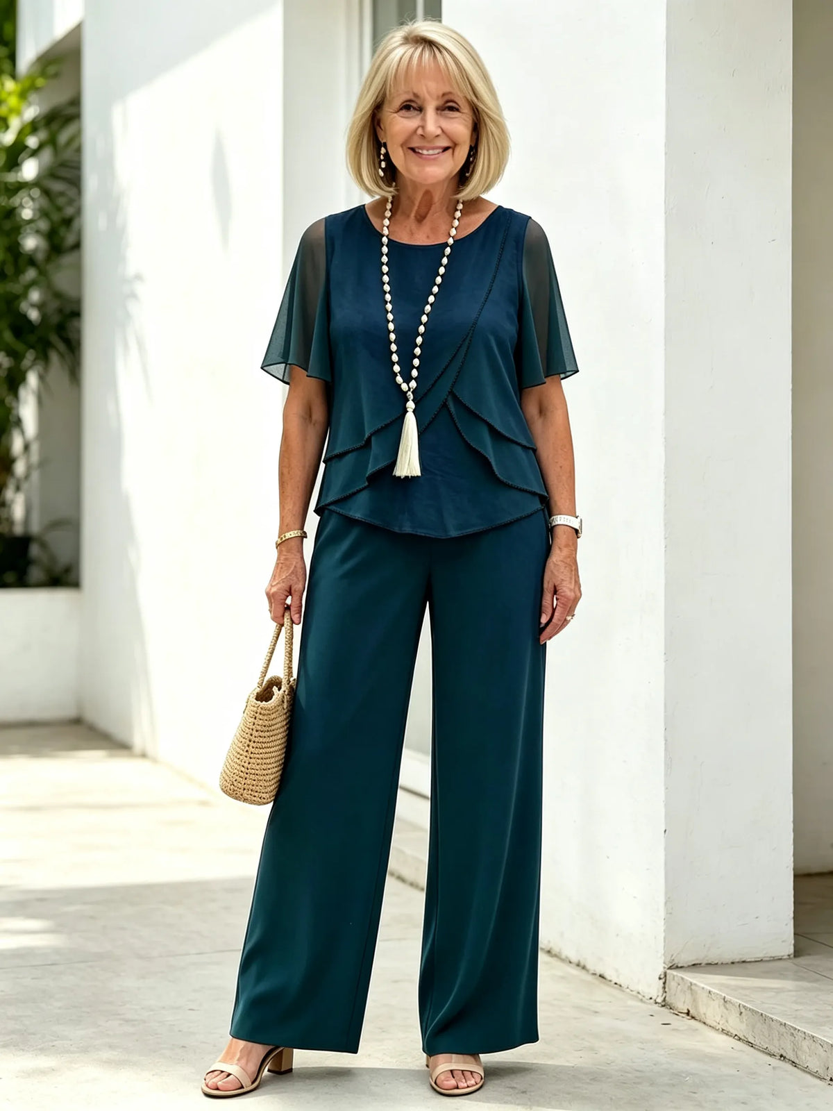 2 Piece Outfit Set, Round Neck Chiffon Flutter Short Sleeve Top, Multi-layer Ruffled Irregular Hem, High Waist Straight Wide Leg Long Trousers, Lightweight Sheer Fabric, Elegant Flowy Pant Suit for Wedding Guest and Formal Occasions