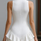 White Sleeveless Rib-Knit Tiered Ruffle Mini Dress