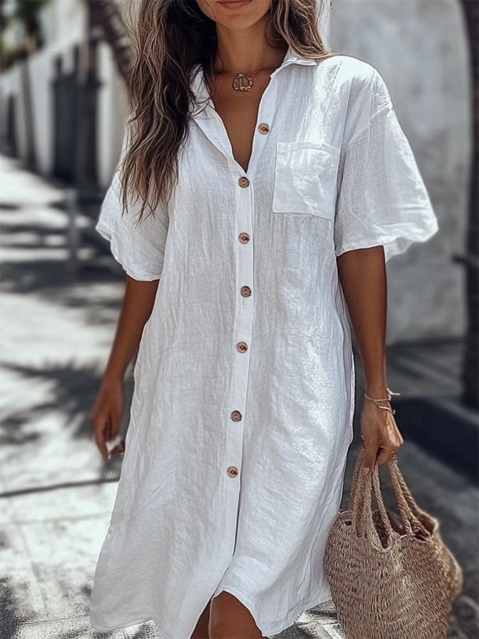 Women'S Casual Short-Sleeved Regular Long Shirt Dress