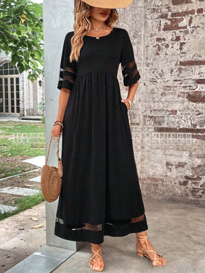 Women'S Casual Five-Quarter Sleeve Mesh Round Neck Patchwork Pocket Dress