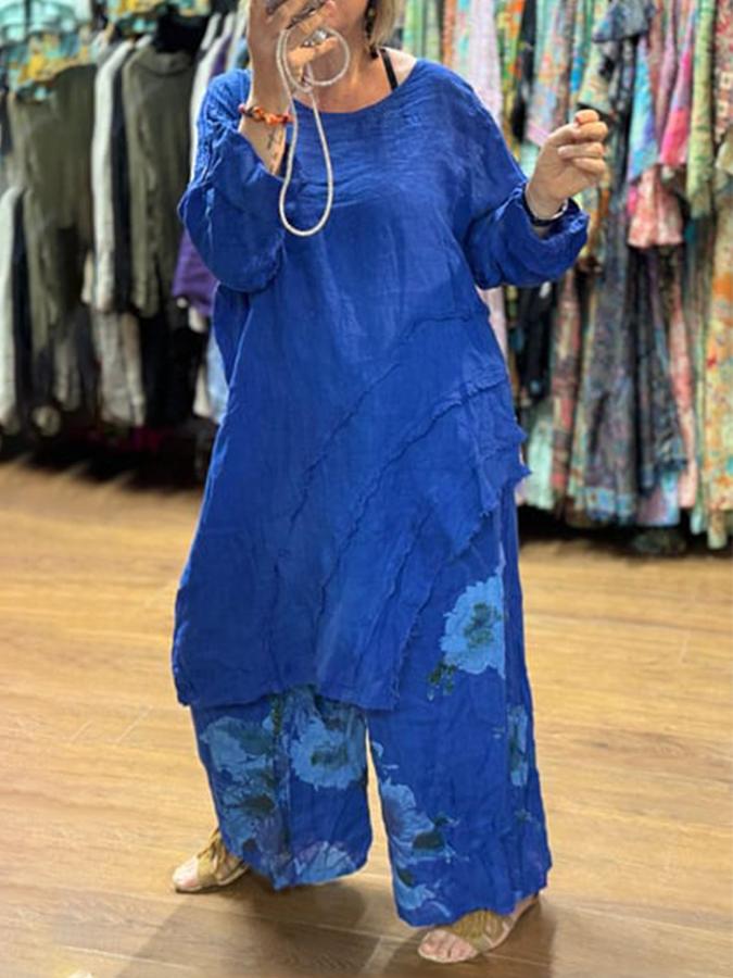 Women'S Irregular Top Print Wide-Leg Pants Suit