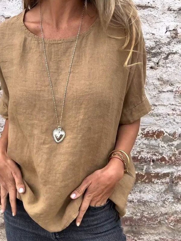 Round Neck Short Sleeve Cotton and Linen Top (Buy 3 Free Shipping)