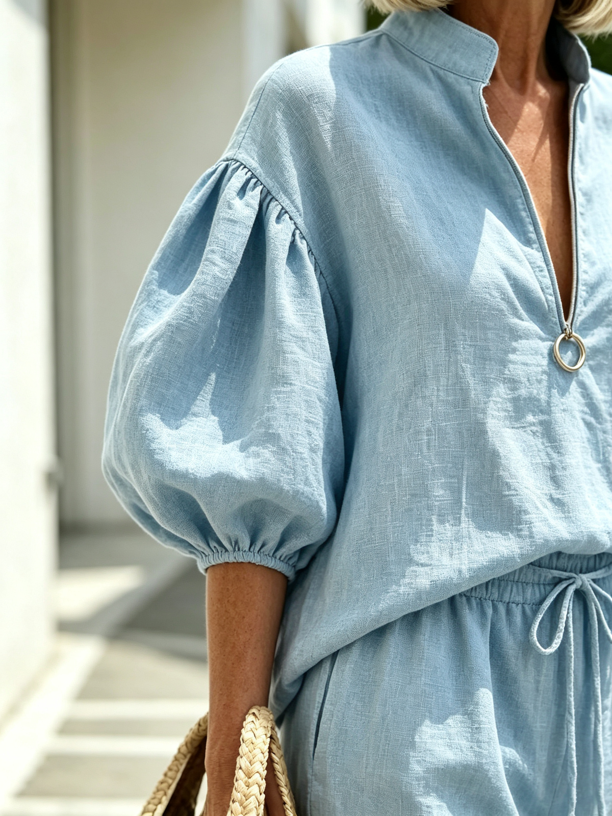 2Pcs Casual Matching Outfit Set, Stand Collar Half Zipper Top, Lantern Puff Sleeve Blouse, Solid Lightweight Textured Fabric, Elastic Drawstring Waist Wide Leg Long Pants, Relaxed Loose Fit Co-Ord Suit for Daily Leisure and Vacation