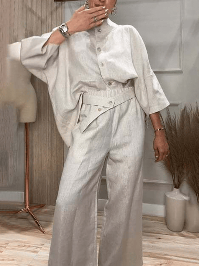 Women'S Casual Single-Breasted Shirt + Characteristic Elastic Waist Wide-Leg Pants Suit
