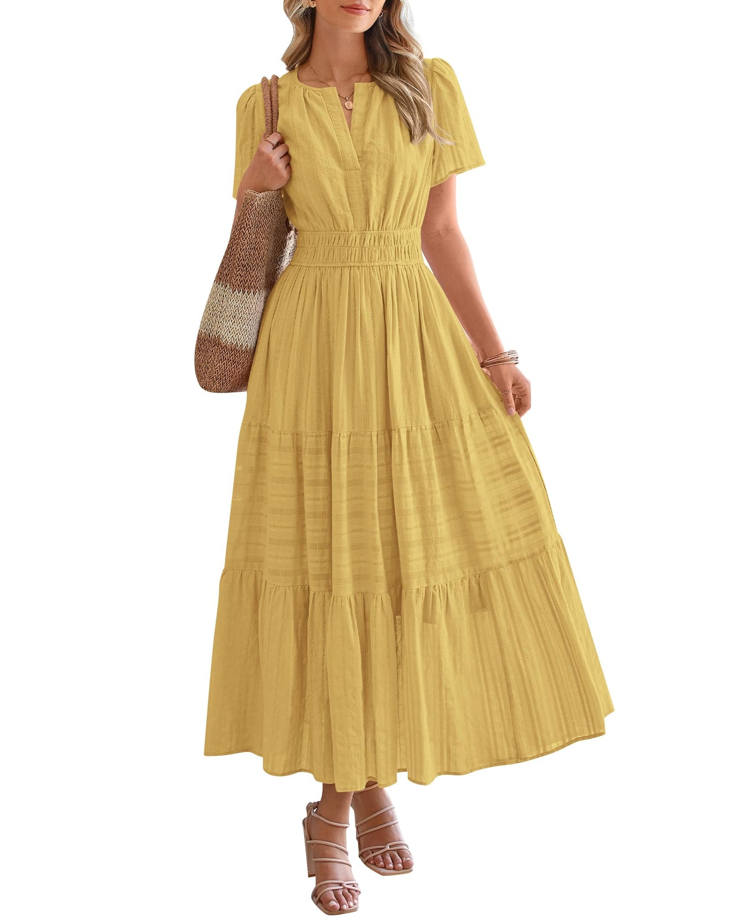 Limited time sale🔥Women's Lightweight Short Sleeve V Neck Elastic Waist Dresses