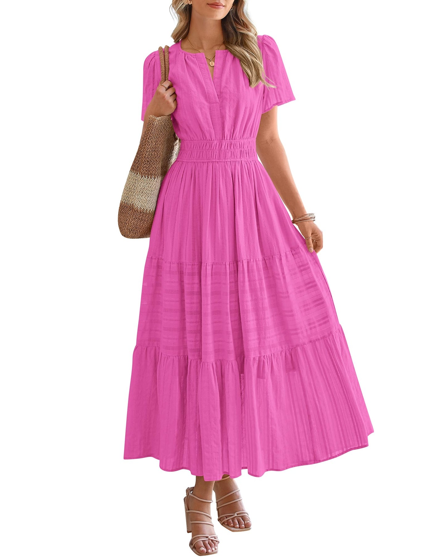 Limited time sale🔥Women's Lightweight Short Sleeve V Neck Elastic Waist Dresses